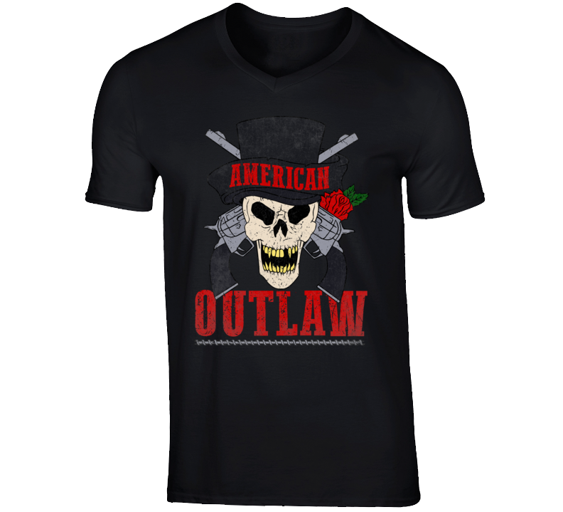 American Outlaw USA Cowboy Gunslinger Skull Fan V-Neck